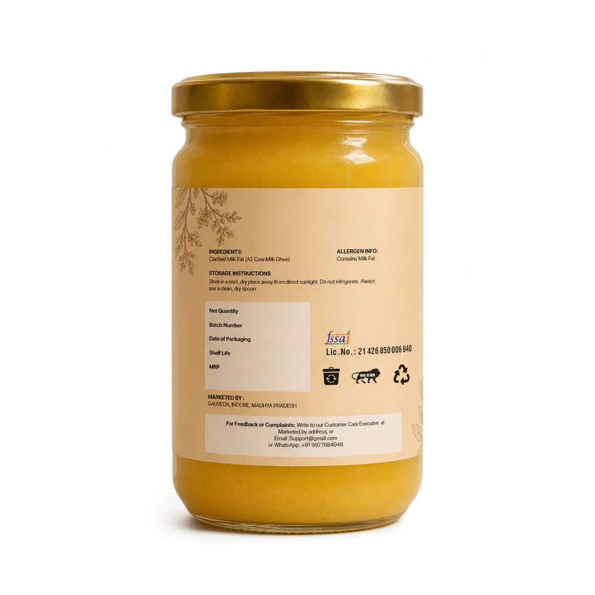 Gauveda 500ml ghee back side