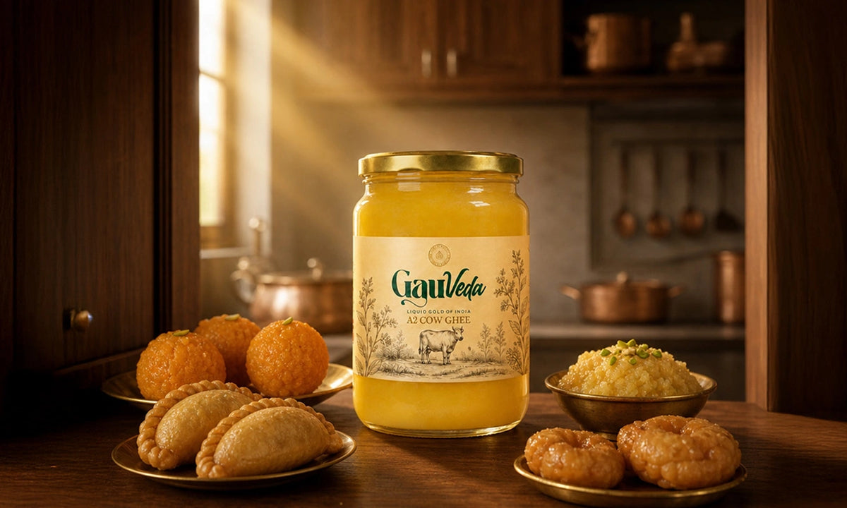 Indian sweets made with Gauveda cow ghee: laddoo, balushahi, halwa, gujiya